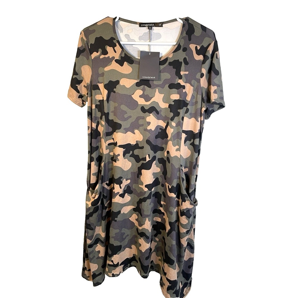 Women's Stretchy Camo Print Dress 1X Pockets Army Summer‎ Beach Casual NEW Green